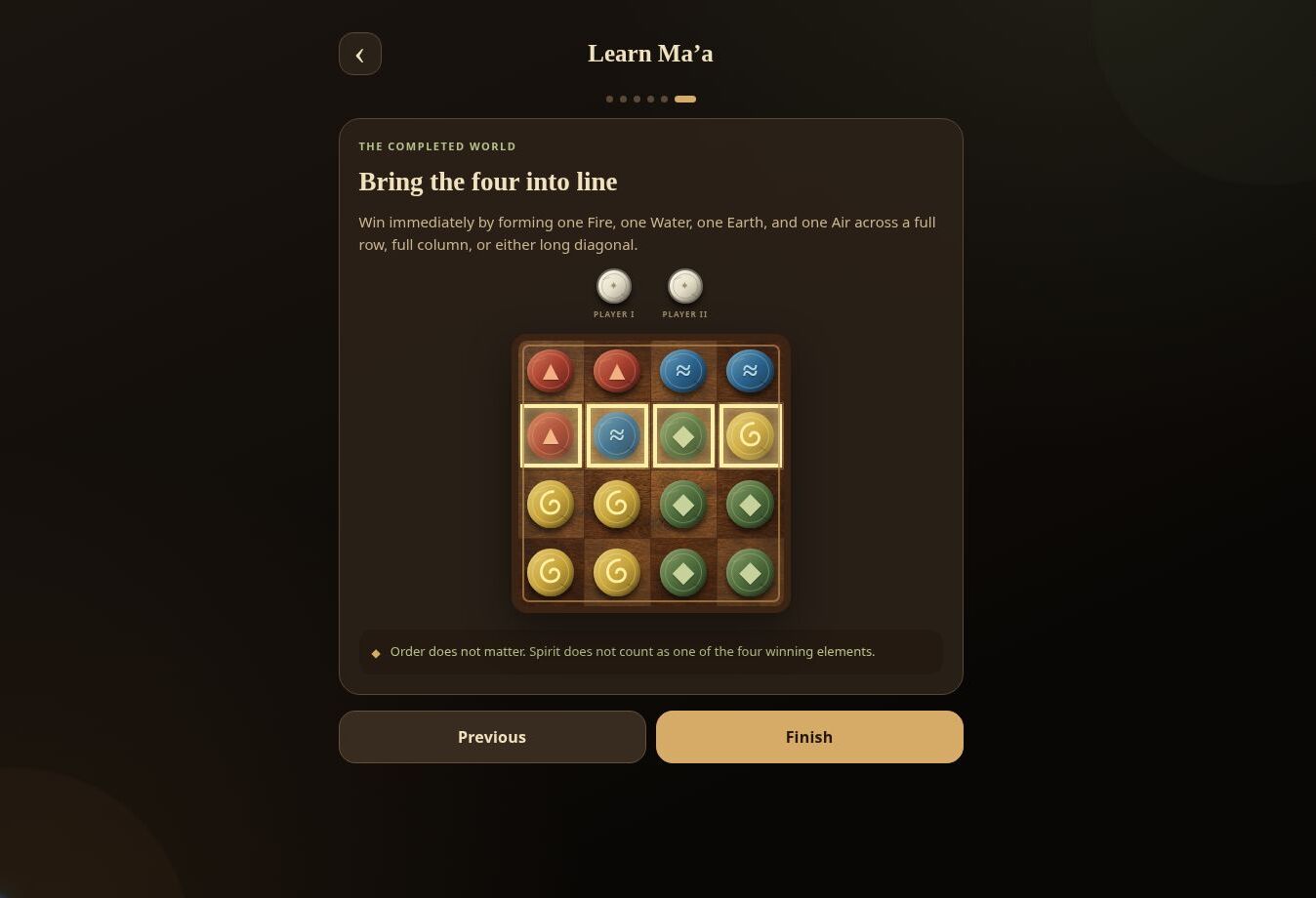 Final Ma’a tutorial lesson showing a winning row containing Fire, Water, Earth, and Air.