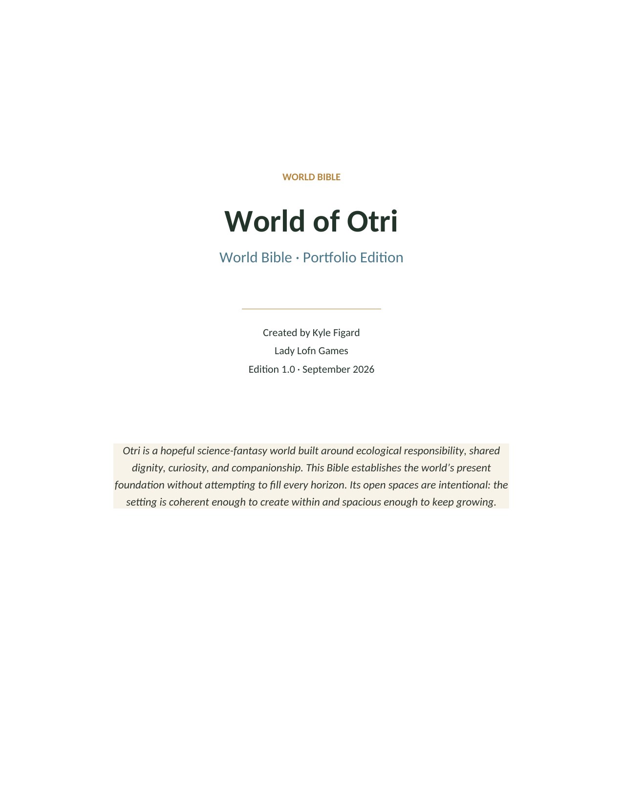 Cover of the World of Otri World Bible by Kyle Figard.